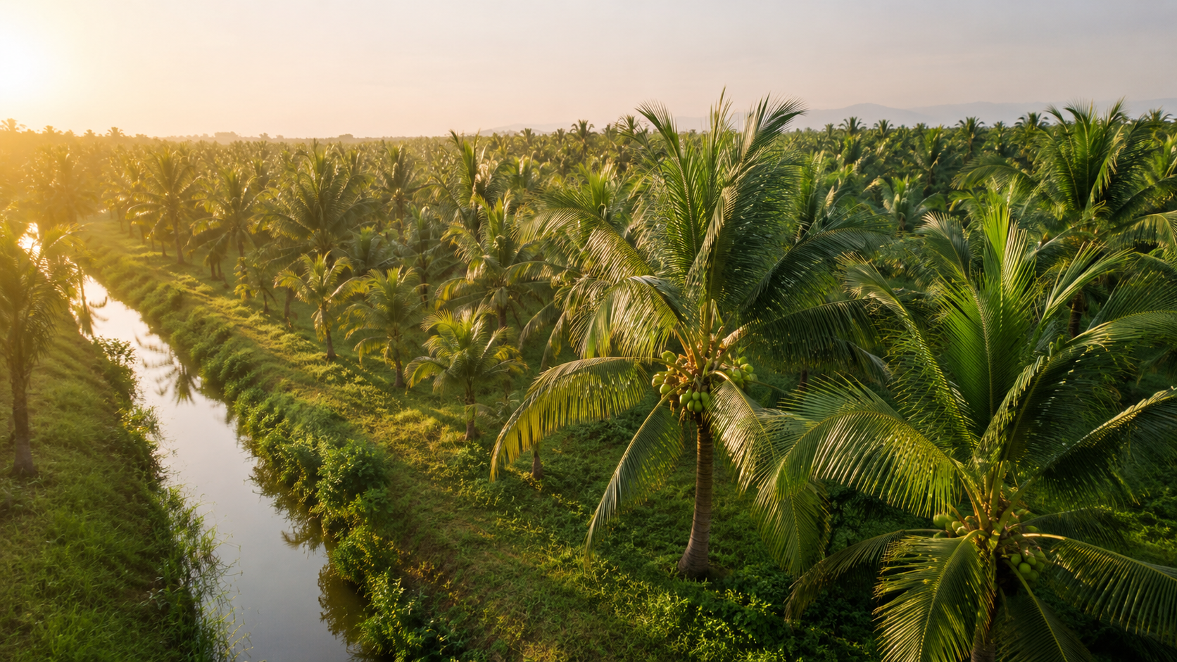 Nam Hom coconut grove in Ratchaburi province, Thailand — late-afternoon light filtering through the palms