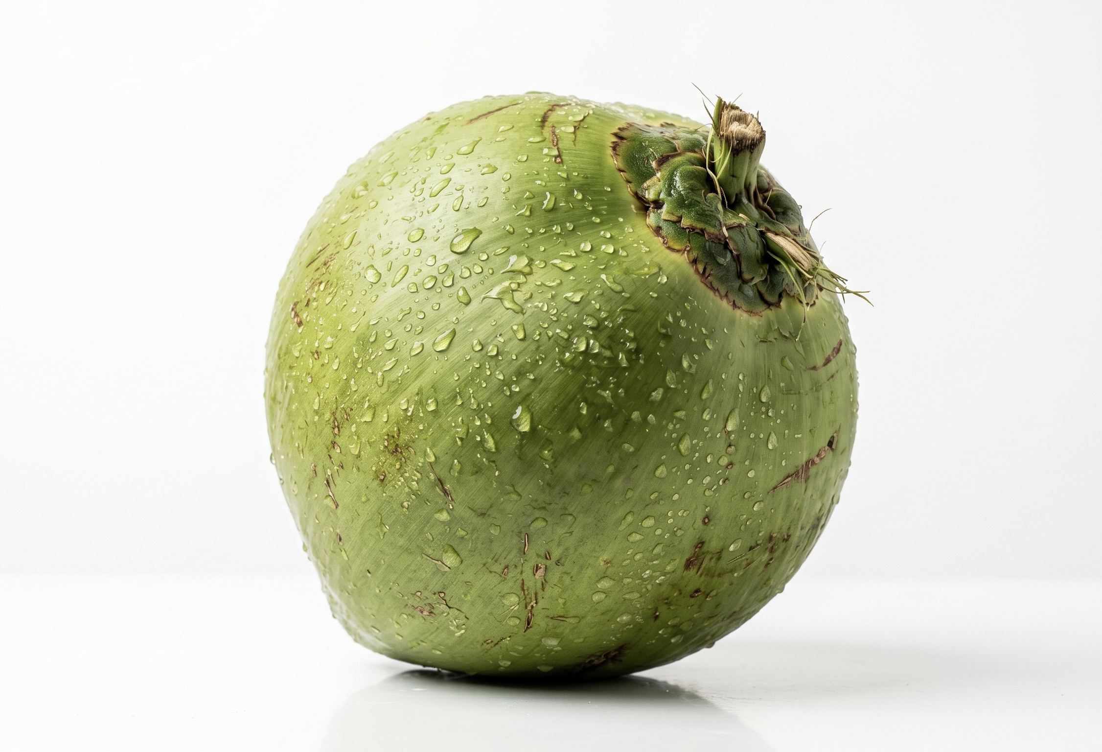 Freshly harvested Nam Hom coconut, fibrous outer husk intact, soft natural light
